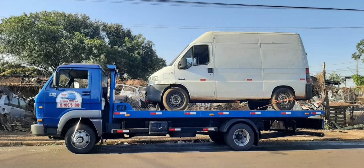 Guincho plataforma transportando van branca de carga